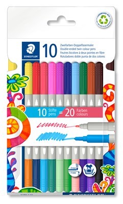 Staedtler Noris 3280 Confezione da 10 pennarelli a doppia punta - Corsa 1 mm e 3 mm circa - Colori assortiti