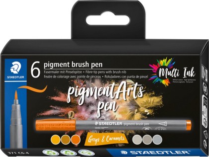 Staedtler 371 Confezione da 6 Pennarelli con Punta Morbida - Colori Vividi e Brillanti - Non Ingiallisce nel Tempo - Nuovo Inchiostro Multi Inchiostro - Pigmenti Premium - Colori Assortiti Grigio/Caramello