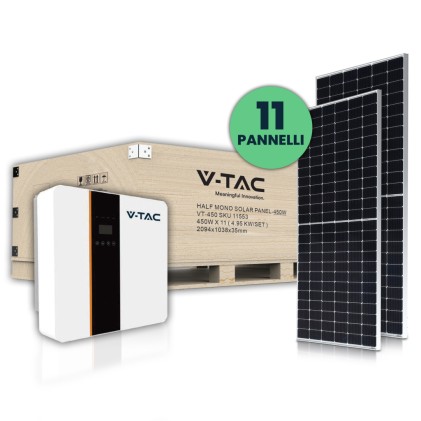 V-TAC KIT Fotovoltaico 5kW con 11 Pannelli Solari Fotovoltaici Monocristallini 450W (SKU 11353) e Inverter Monofase Ibrido con Accessori Inclusi (SKU 11508)