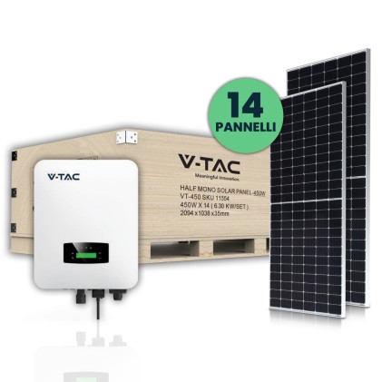 V-TAC KIT Fotovoltaico 6kW con 14 Pannelli Solari Fotovoltaici Monocristallini 450W (SKU 11353) e Inverter Monofase Ibrido con Accessori Inclusi (SKU 11514)