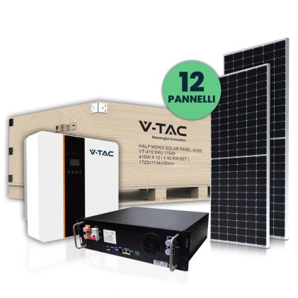 V-TAC KIT Fotovoltaico 5KW con Batteria di Accumulo al Litio 5 KWh e Inverter Monofase Ibrido con Accessori inclusi e 12 Pannelli Solari Fotovoltaici Monocristallini Slim 410W