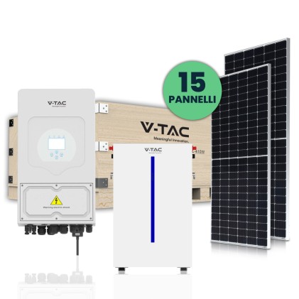 V-TAC KIT Fotovoltaico 6KW con Batteria di Accumulo al Litio 6.14 KWh e Inverter Monofase Ibrido con Accessori inclusi e 15 Pannelli Solari Fotovoltaici Monocristallini Slim 410W