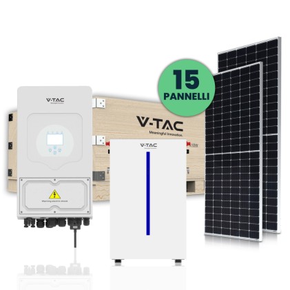 V-TAC KIT Fotovoltaico 6KW con Batteria di Accumulo al Litio 6.14 KWh e Inverter Monofase Ibrido con Accessori inclusi e 15 Pannelli Solari Fotovoltaici Monocristallini 410W