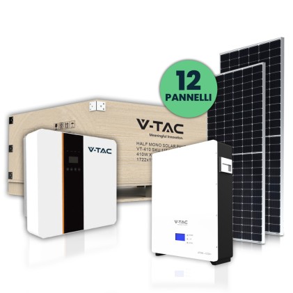 V-TAC KIT Fotovoltaico 5KW con Batteria di Accumulo LiFePO4 5 KWh e Inverter Monofase Ibrido con Accessori inclusi e 12 Pannelli Solari Fotovoltaici Monocristallini 410W