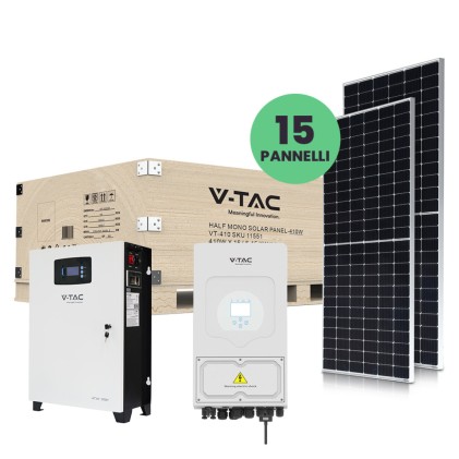 V-TAC KIT Fotovoltaico 6KW con Batteria di Accumulo al Litio 10.24 KWh e Inverter Monofase Ibrido con Accessori inclusi e 15 Pannelli Solari Fotovoltaici Monocristallini Slim 410W