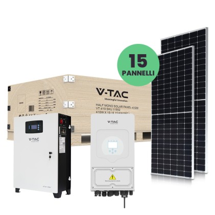 V-TAC KIT Fotovoltaico 6kW con Batteria di Accumulo al Litio 10.24 KWh e Inverter Monofase Ibrido con Accessori inclusi e 15 Pannelli Solari Fotovoltaici Monocristallini 410W