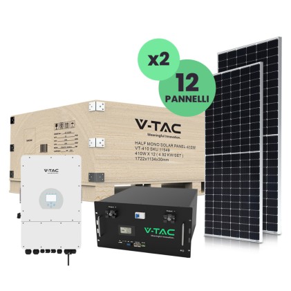 V-TAC KIT Fotovoltaico 10kW con Batteria di Accumulo Litio 9.6 kWh e Inverter Trifase Ibrido con Accessori inclusi e 24 Pannelli Solari Fotovoltaici Monocristallini 410W