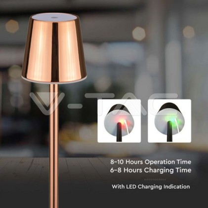 V-TAC Lampada LED da Tavolo 3W Colore Rame ricaricabile con Micro-USB Touch Dimmerabile 3000K
