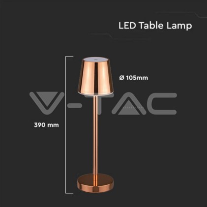 V-TAC Lampada LED da Tavolo 3W Colore Rame ricaricabile con Micro-USB Touch Dimmerabile 4000K