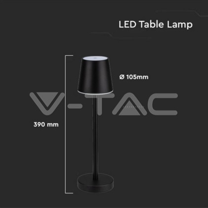 V-TAC Lampada LED da Tavolo 3W Colore Nero ricaricabile con Micro-USB Touch Dimmerabile 4000K