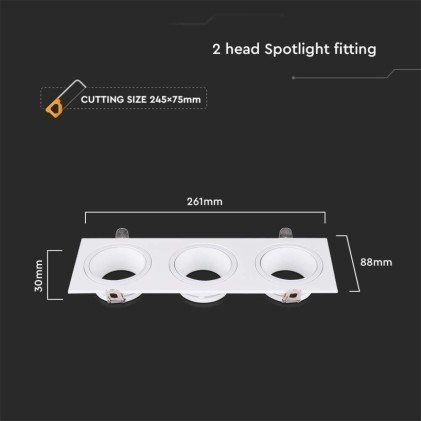 V-TAC Portafaretto LED Triplo da Incasso Rettangolare 3*GU10 in Policarbonato e Ferro Colore Bianco