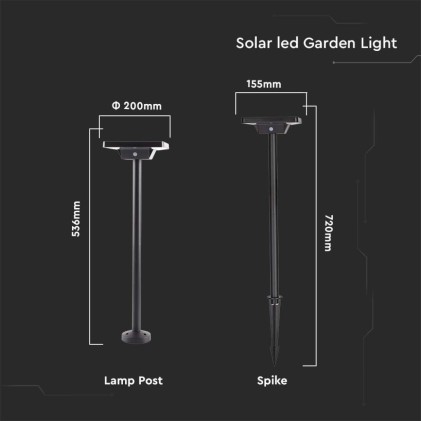 V-TAC Piantana Solare LED da Giardino 2W con sensore crepuscolare 155x720mm Colore Nero 3in1 IP65