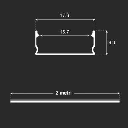 V-TAC Profilo Lineare per Strip LED fino a 15.7mm, Alluminio Silver con Copertura Opaca 2000x17.6x6.9mm