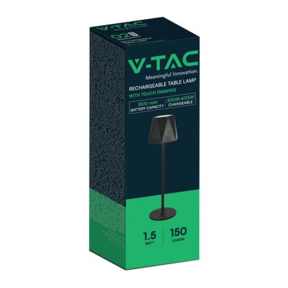 V-TAC Lampada LED da Tavolo 1.5W 130*372mm Colore Nero ricaricabile con USB C Touch Dimmerabile 3in1
