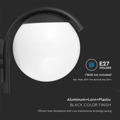 V-TAC Lampada LED da Muro con Sfera Opale e Portalampada E27 200*280*260mm Colore Nero Opaco IP44