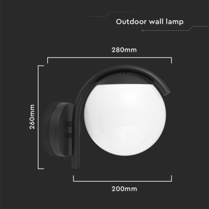 V-TAC Lampada LED da Muro con Sfera Opale e Portalampada E27 200*280*260mm Colore Nero Opaco IP44