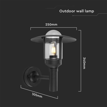V-TAC Lampione LED da Giardino con Portalampada a Lanterna E27 Colore Nero Opaco h: 97.5cm Montaggio a Muro IP44
