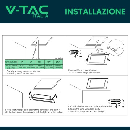 V-TAC Mini Pannello LED 12W Montaggio ad Incasso Quadrato 3000K