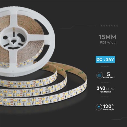 V-TAC Strip LED SMD2835 240 LED/m 21W/m Doppio PCB 5m 24V 3in1 IP20 15mm