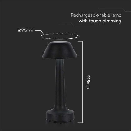 V-TAC Lampada LED da Tavolo 1W Colore Nero ricaricabile con USB C Touch Dimmerabile 3in1