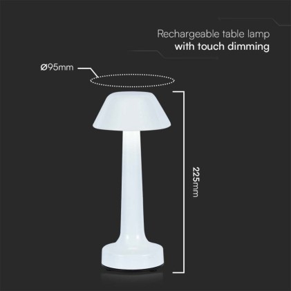 V-TAC Lampada LED da Tavolo 1W Colore Bianco ricaricabile con USB C Touch Dimmerabile 3in1