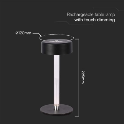 V-TAC Lampada LED da Tavolo 3W Colore Nero e Bianco Trasparente Ricaricabile con USB C Touch Dimmerabile 3in1