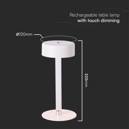 V-TAC Lampada LED da Tavolo 3W Colore Bianco e Trasparente Ricaricabile con USB C Touch Dimmerabile 3in1