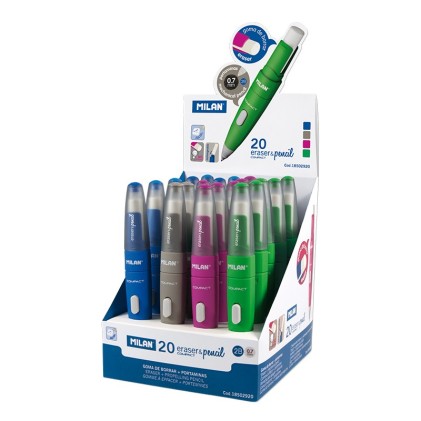 Espositore compatto Milan da 20 portamine - Mina 0,7 mm 2B Grafite - Pulsante meccanico - Gomma extra large Milan - Colori assortiti