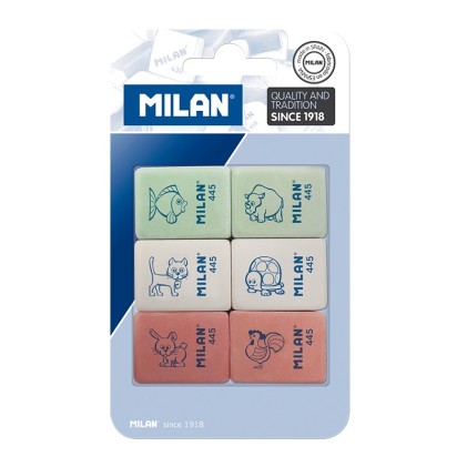 Milan 445 Confezione da 6 Gomme Rettangolari - Gomma Sintetica Morbida - Disegni per Bambini - Colori Assortiti