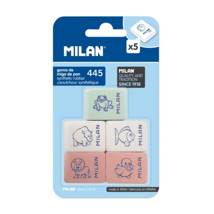 Milan 445 Confezione da 5 Gomme Rettangolari - Morbida Gomma Sintetica - Disegni per Bambini - Colori Assortiti