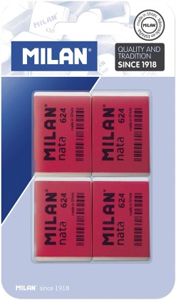 Milan Nata 624 Confezione da 4 Gomme Rettangolari - Plastica - Morbida - Non Abrasiva - Colore Rosso/Bianco