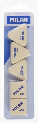 Milan Confezione da 5 Gomme, 3 Gomme Triangolari 4045 Crema + 2 Gomme Quadrate 430 - Pangrattato - Morbida Gomma Sintetica - Colore Bianco