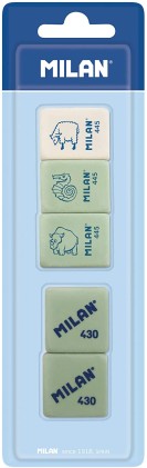 Milan Confezione da 5 Gomme, 3 Gomme Rettangolari 445 Crema + 2 Gomme 430 Quadrate - Pangrattato - Morbida Gomma Sintetica - Colori Assortiti