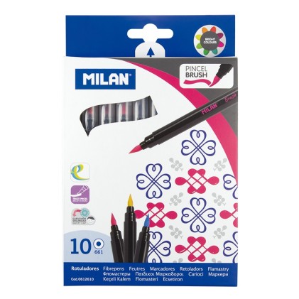 Milan, confezione da 10 pennarelli con punta a pennello, tratto da 0,5 a 4 mm, inchiostro a base d acqua, miscelabili tra loro, colori assortiti.