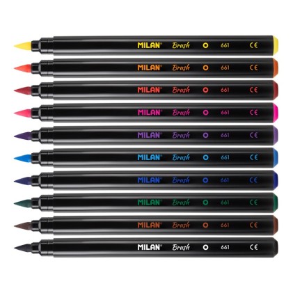 Milan, confezione da 10 pennarelli con punta a pennello, tratto da 0,5 a 4 mm, inchiostro a base d acqua, miscelabili tra loro, colori assortiti.