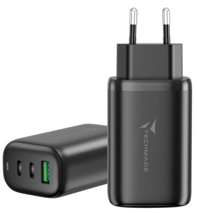 Carica Batteria Rapido Gan 3P (2Usb -C+1 Usb-A) 65Watt Nero Techmade