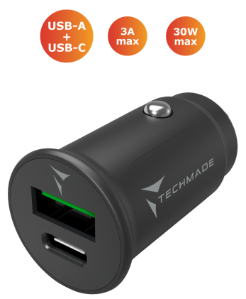 Carica Batteria Rapido Auto 30Watt Type-C + Usb-A