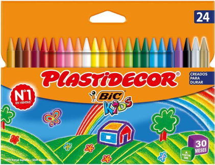 Bic Kids Plastidecor Confezione da 24 pastelli a cera - Extra forti - Facili da temperare - Non macchiano