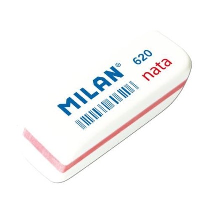 Milan gomma da cancellare piccola smussata - Plastica liscia - Non abrasivo - Colore bianco con rifiniture di colori assorti