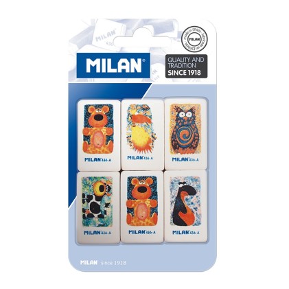 Milan 436A Confezione da 6 Gomme Rettangolari - Morbida Gomma Sintetica - Disegni Bambini Assortiti - Colore Bianco