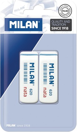 Milan Nata 620 Confezione da 2 Gomme Smussate - Plastica - Morbida - Non Abrasiva - Colore Bianco
