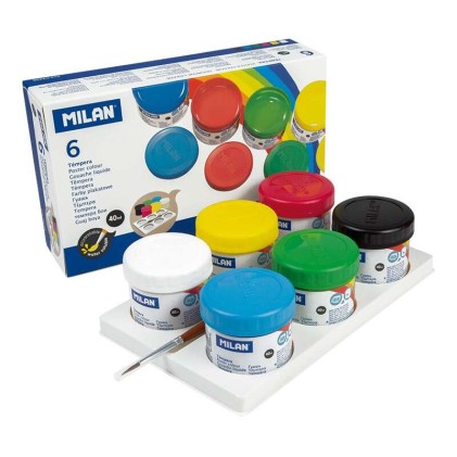 Milan Confezione da 6 Bottiglie Tempere 40ml + 1 Pennello Serie 101 - Asciugatura Rapida - Miscelabile - Colori Assortiti