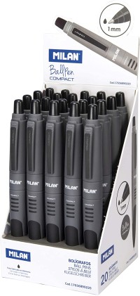 Milan espositore di 20 Penne a Sfera Retrattili - Punta Rotonda 1mm - Corpo Grigio/Nero - Colore Nero