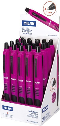 Milan Espositore Compatto da 20 Penne a Sfera Retrattile - Punta Tonda da 1 mm - Corpo Viola/Nero - Colore Rosso