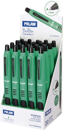 Espositore compatto Milan da 20 penne a sfera retrattili - Punta tonda da 1 mm - Corpo verde/nero - Colore verde