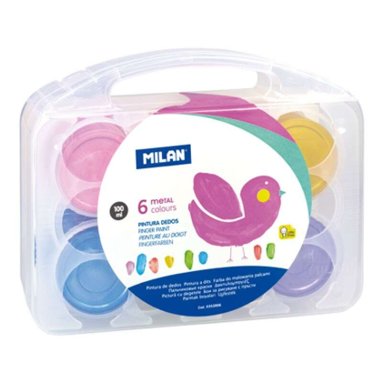 Confezione da 6 barattoli di tempera a dita Milan - 100 ml - Facile applicazione - Miscelabili - Colori metallizzati assortiti