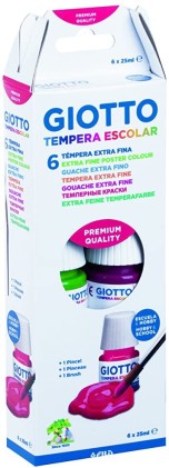 Giotto Tempere Confezione da 6 vasetti da 25 ml. + Pennello - A base acqua - Coprenza eccellente - Colori assortiti