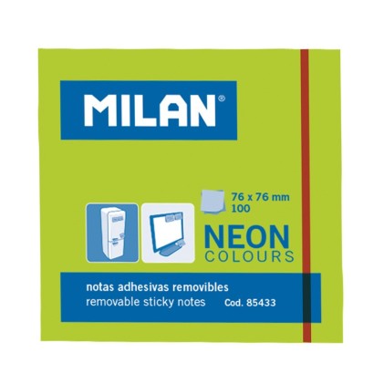 Blocco Milan da 100 foglietti adesivi - Rimovibili - 76 mm x 76 mm - Colore verde neon