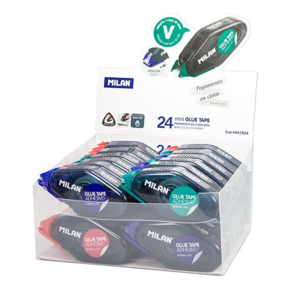 Espositore Milano da 24 nastri adesivi compatti 8,4 mm x 5 m - Design ergonomico - Asciugatura rapida - Colori assortiti