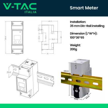 V-TAC Smart Meter DFUN Monofase Contatore Bidirezionale 1*230V RS485 per Misurazione Precisa e Controllo Energetico Avanzato